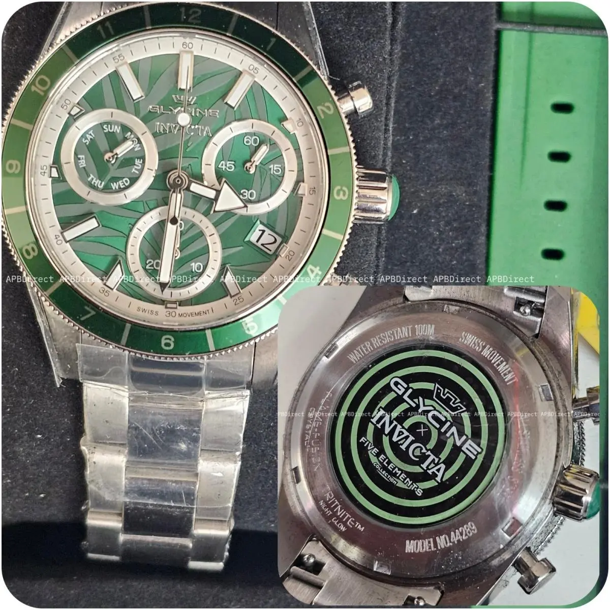 Invicta / Glycine 5 Five Elements Wood Green Swiss Z60 Chronograph Mens Watch