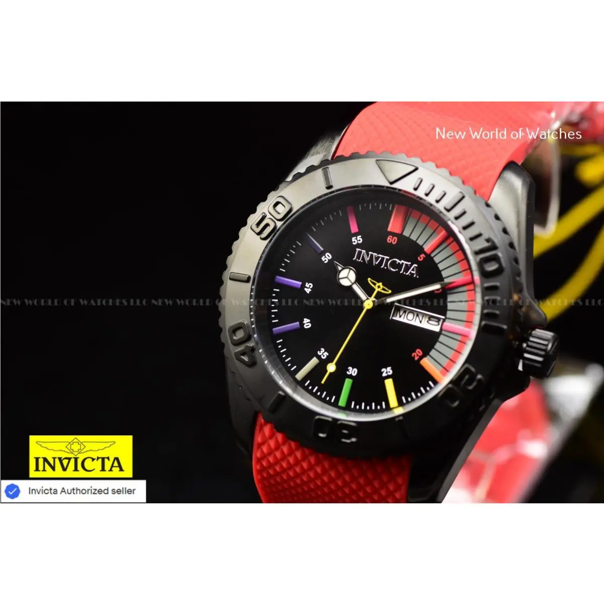 Invicta Men`s Pro Diver Black Dial Quartz Red Strap Stainless Steel 44mm Watch