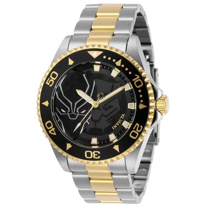 Invicta Marvel Black Panther Men`s Limited Edition Two Tone 44mm Watch 29687 - Dial: Black, Band: Gold, Silver, Bezel: Black