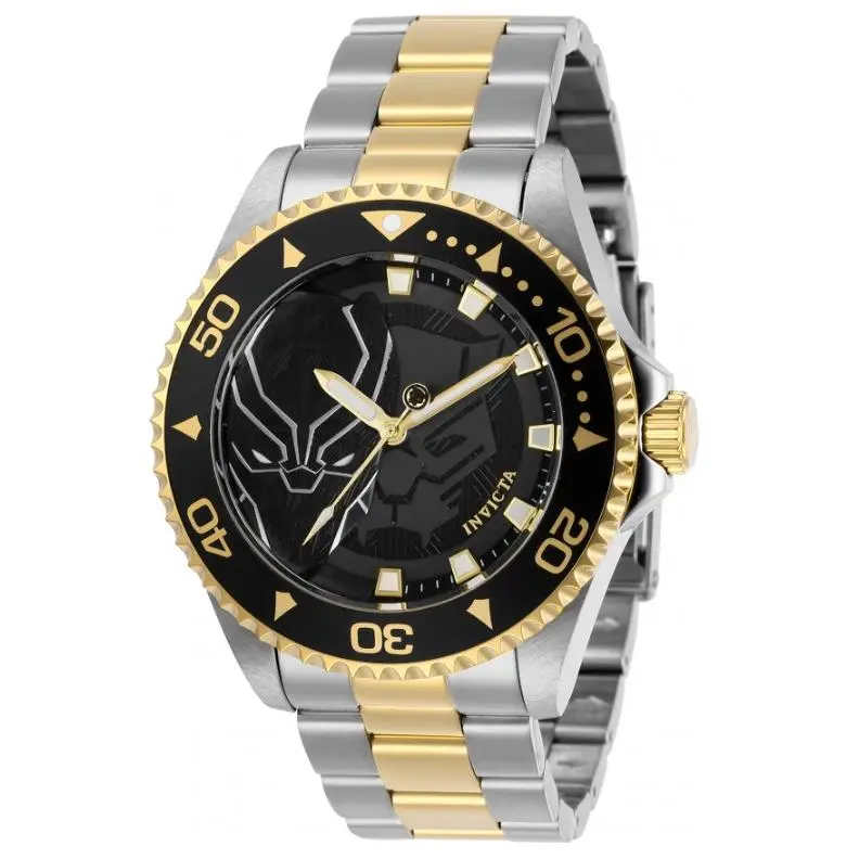 Invicta Marvel Black Panther Men`s 44mm Limited Edition Quartz Watch 29687 - Dial: Black, Gray, Band: Gold, Silver, Yellow, Two-Tone, Bezel: Black, Gold