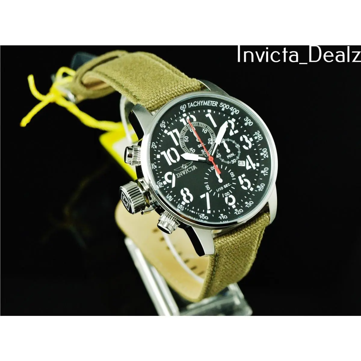Invicta 46MM Men Superluminova I-force Lefty Chrono Greenarmy Canvas Strap Watch - Dial: Black, Band: Olive Green, Bezel: Silver