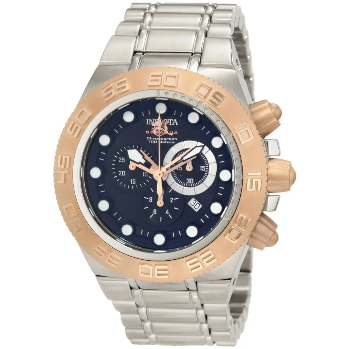 Invicta 1529 Subaqua Sport Chronograph Rose Gold-tone SS Black Dial Men`s Watch - Dial: Black, Band: Silver