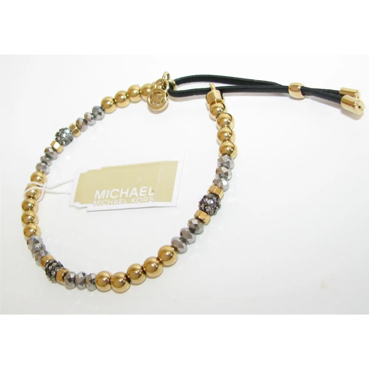 Michael Kors Stretch Gold Gunmetal Crystal Beads+black Leather Bracelet MKJ2094