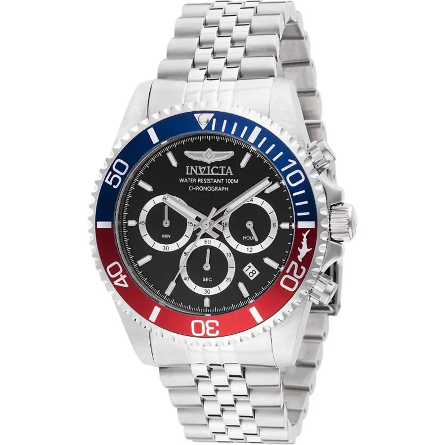 Invicta Pro Diver Chronograph Quartz Black Dial Pepsi Bezel Men`s Watch 48117 - Dial: Black, Band: Silver-tone, Bezel: Silver-tone