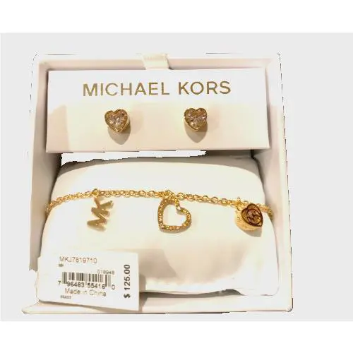 Michael Kors Box Set Gold Slider Bracelet Crystal Heart Earrings MKJ7819710 +box