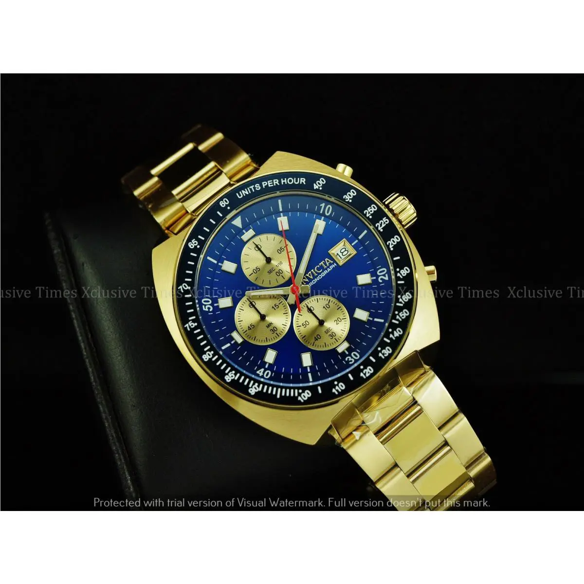Invicta Men 46mm Pro Diver Padi 70`s Chrono Gold Tone Tachymeter Bezel SS Watch - Dial: Blue, Band: Gold, Bezel: Blue