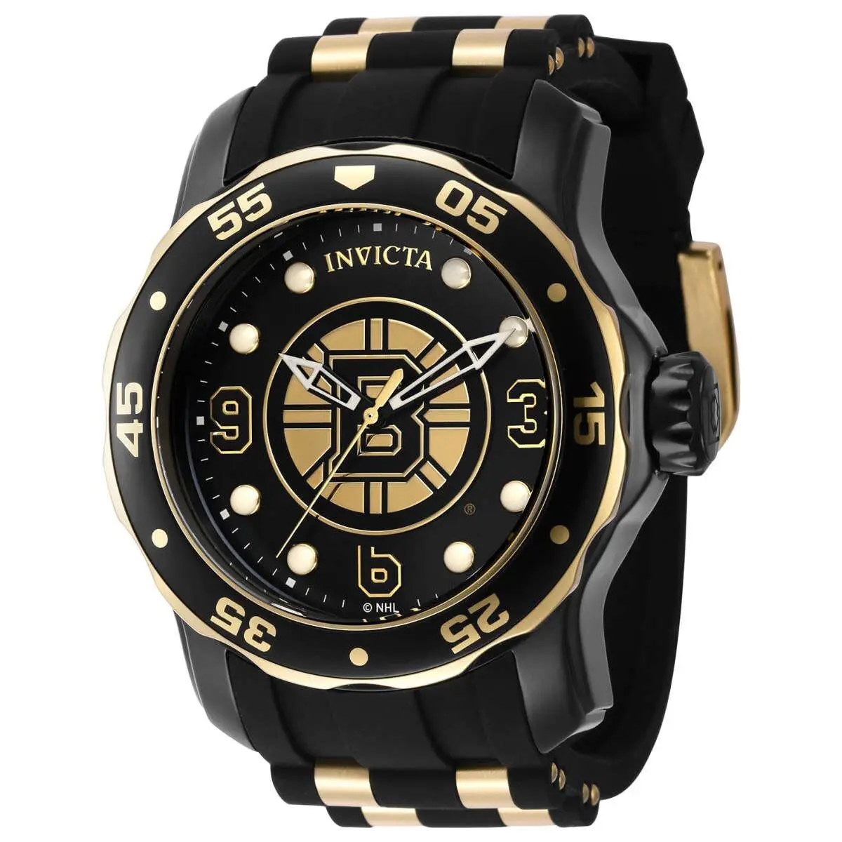 Invicta Men`s 48mm Nhl Pro Diver Boston Bruins Scuba Chronograph SS Watch - Dial: Black, Band: Black, Gold, Bezel: Black, Gold