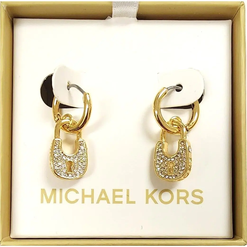 Gold Tone Crystals Pad Lock Drop Hoop Earrings MKJ8025 by Michael Kors