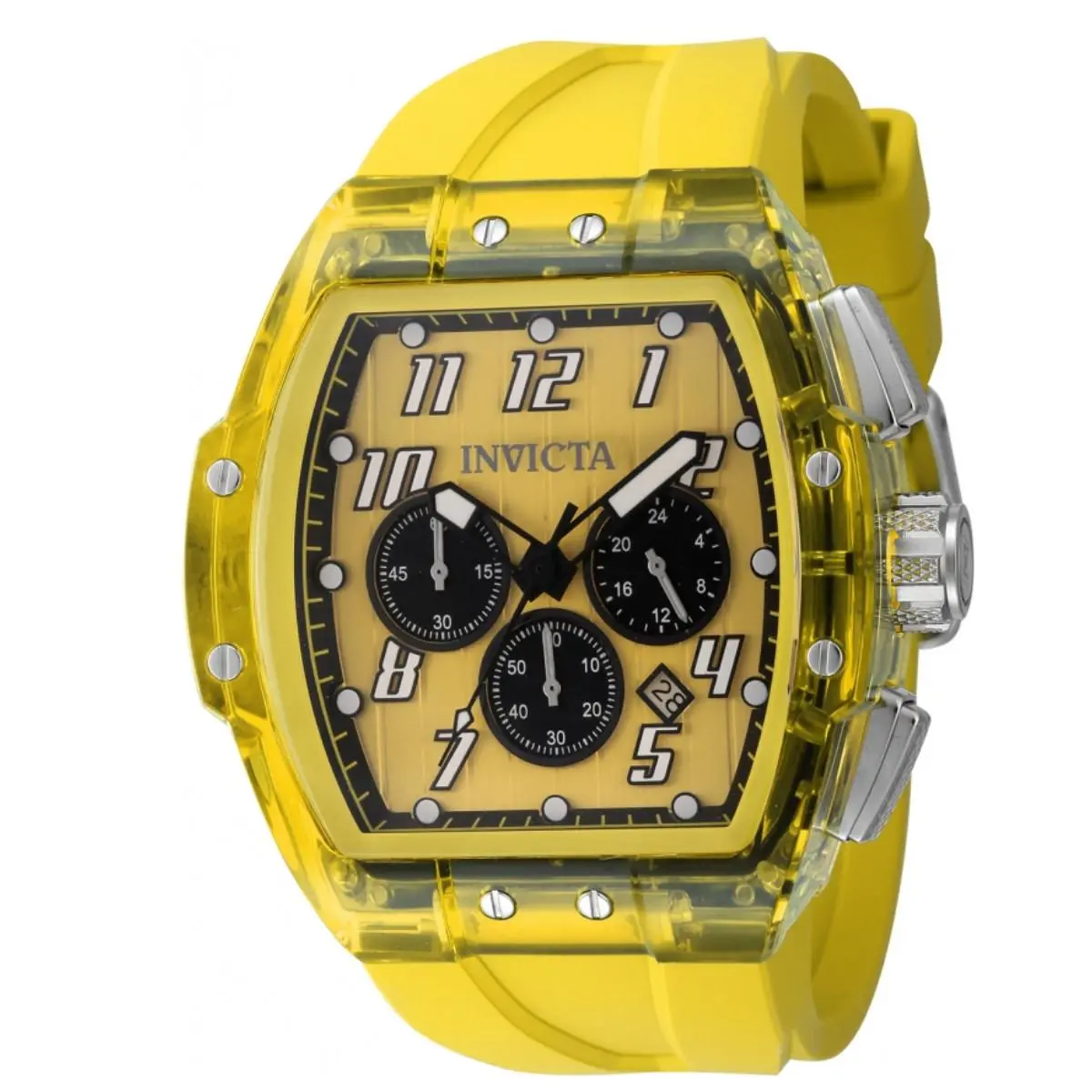 Invicta S1 Rally Men`s 47mm Yellow Clear Case Quartz Chrono Watch 45482 - Dial: Black, Multicolor, White, Yellow, Band: Yellow, Bezel: Clear, Silver, Yellow