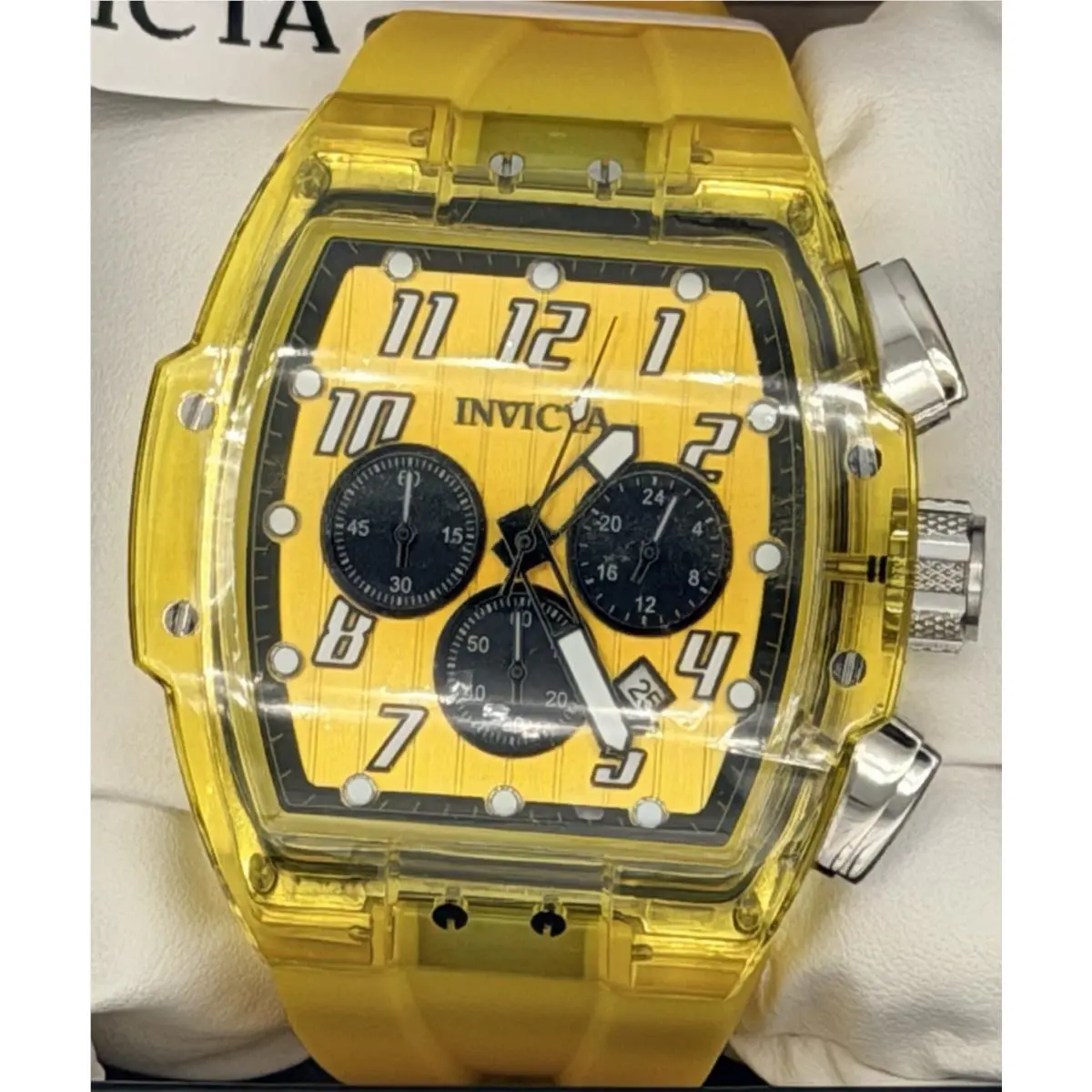 Invicta S1 Rally Kinesia Anatomic Men`s Watch 47mm Yellow Quartz 45482 - Dial: Black, White, Yellow, Band: Yellow, Bezel: Yellow