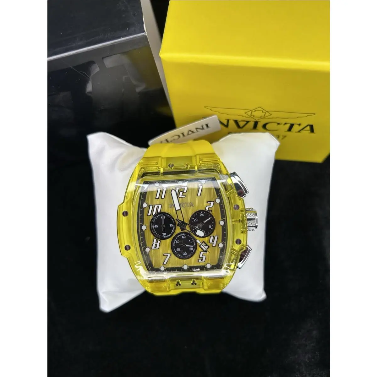 Invicta S1 Rally Men`s 47mm Yellow Clear Case Quartz Chrono Watch 45482 - Dial: Black, Multicolor, White, Yellow, Band: Yellow, Bezel: Clear, Silver, Yellow