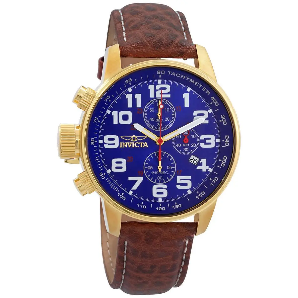 Invicta Force Lefty Chronograph Blue Dial Brown Leather Men`s Watch 3329 - Blue / Brown / Gold / Yellow, Dial: Blue, Band: Brown