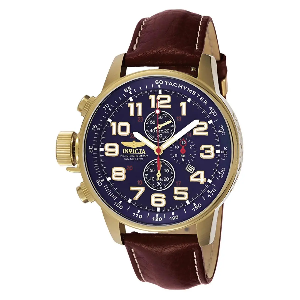 Invicta Men`s Watch Mineral Lefty Blue Dial Chronograph Brown Strap 3329