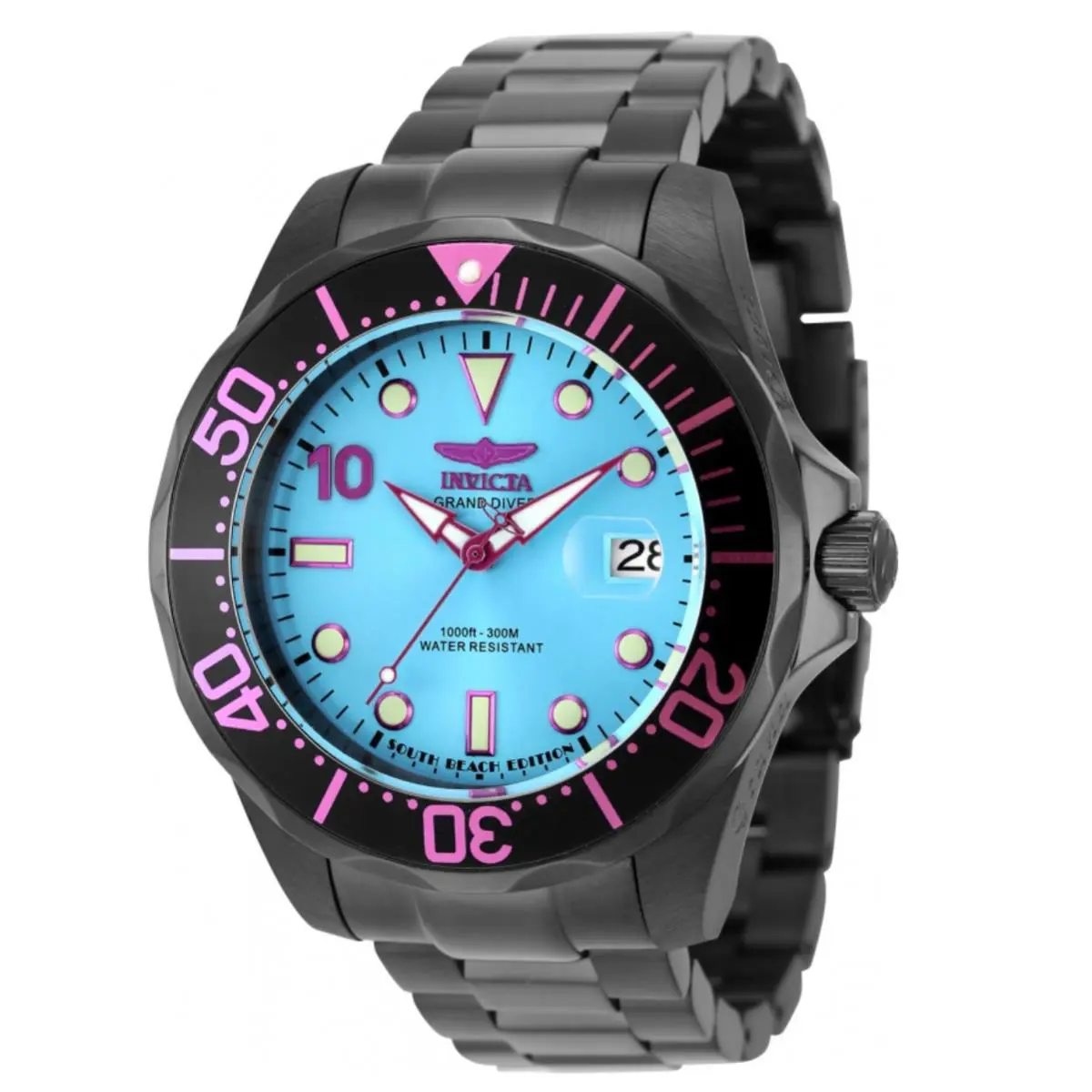Invicta 48706 Grand Diver South Beach 47mm Auto Aqua Blue Dial SS Watch - Dial: AQUA, Blue, Band: Black, Bezel: Black, Pink