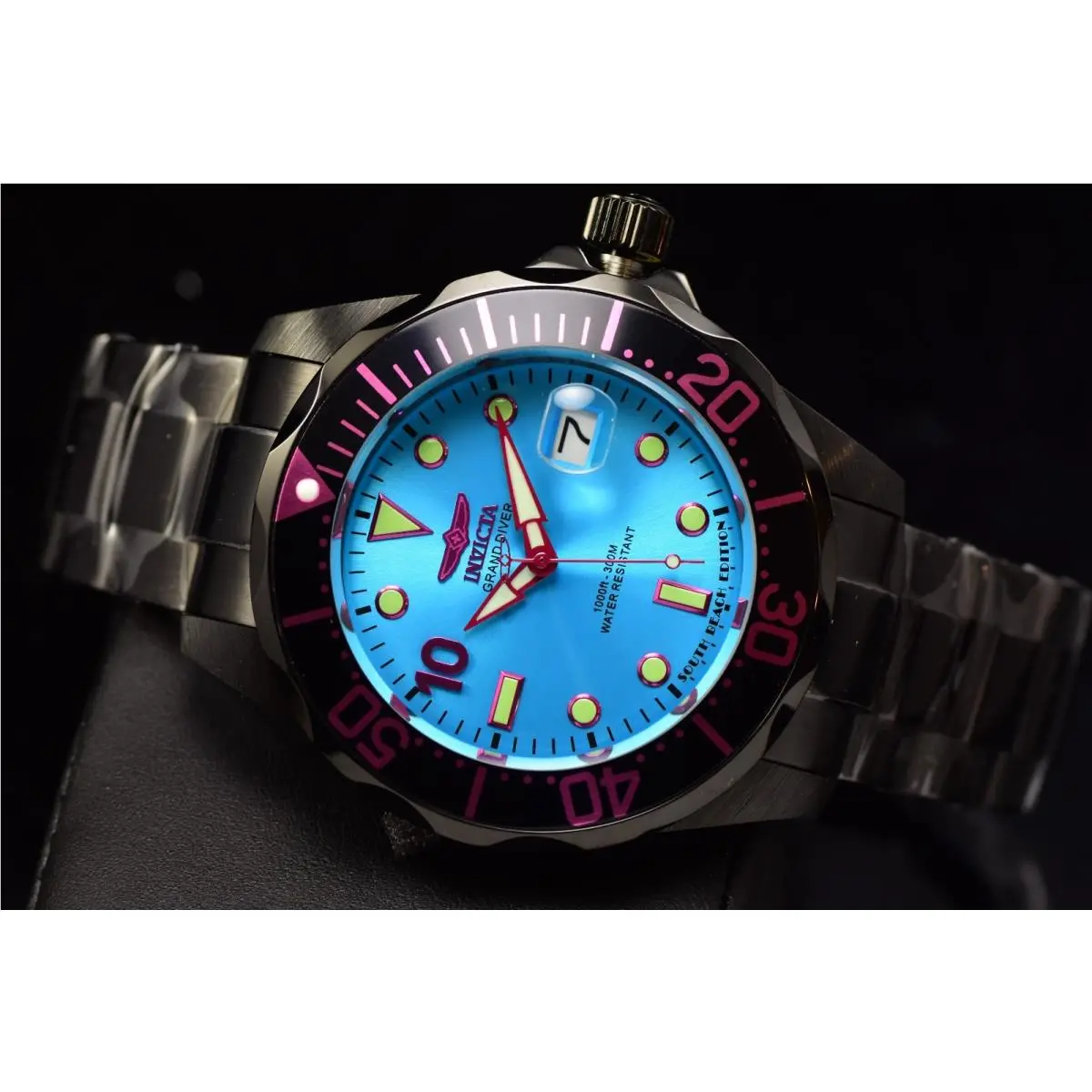 Invicta Men`s Grand Diver South Beach 47mm Automatic Aqua Blue Dial Black Watch - Dial: AQUA, Blue, Band: Black, Bezel: Black, Pink