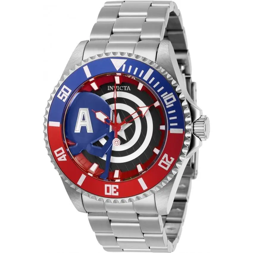 Invicta 29680 Men`s Pro Diver 44mm Marvel Captain America Silver Tone SS Watch - Dial: Multicolor, Band: Silver, Bezel: Blue, Red