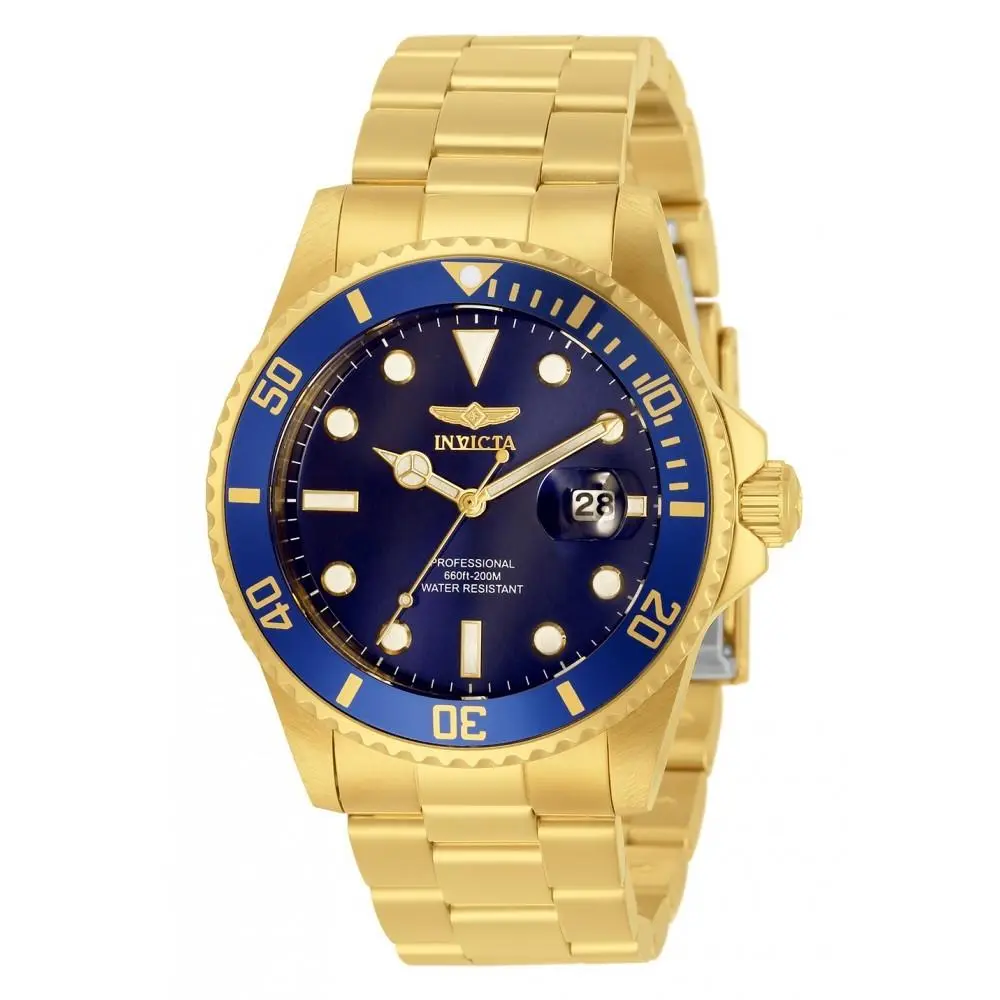 Invicta Men`s 33270 Pro Diver Quartz 3 Hand Blue Dial Watch - Dial: Blue, Band: Gold, Bezel: Gold