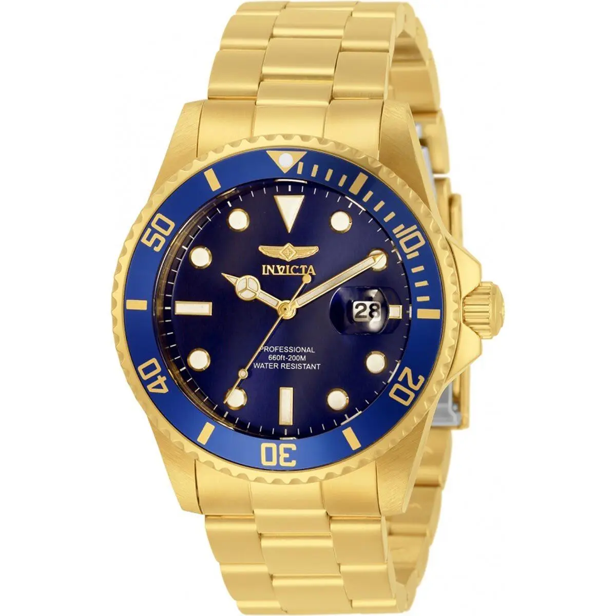 Invicta Men`s Watch Pro Diver Quartz Blue Dial Yellow Gold Steel Bracelet 33270 - Face: Blue, Dial: Blue, Band: Gold