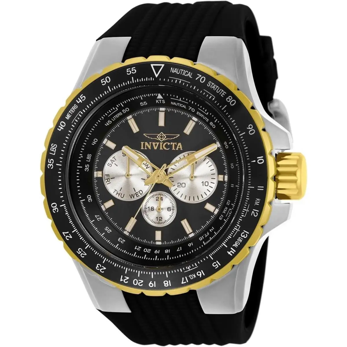 Invicta Men`s 33029 Aviator Quartz Chronograph 50mm Black Silicone Watch - Dial: Silver, Black, Band: Black, Bezel: Gold, White, Black
