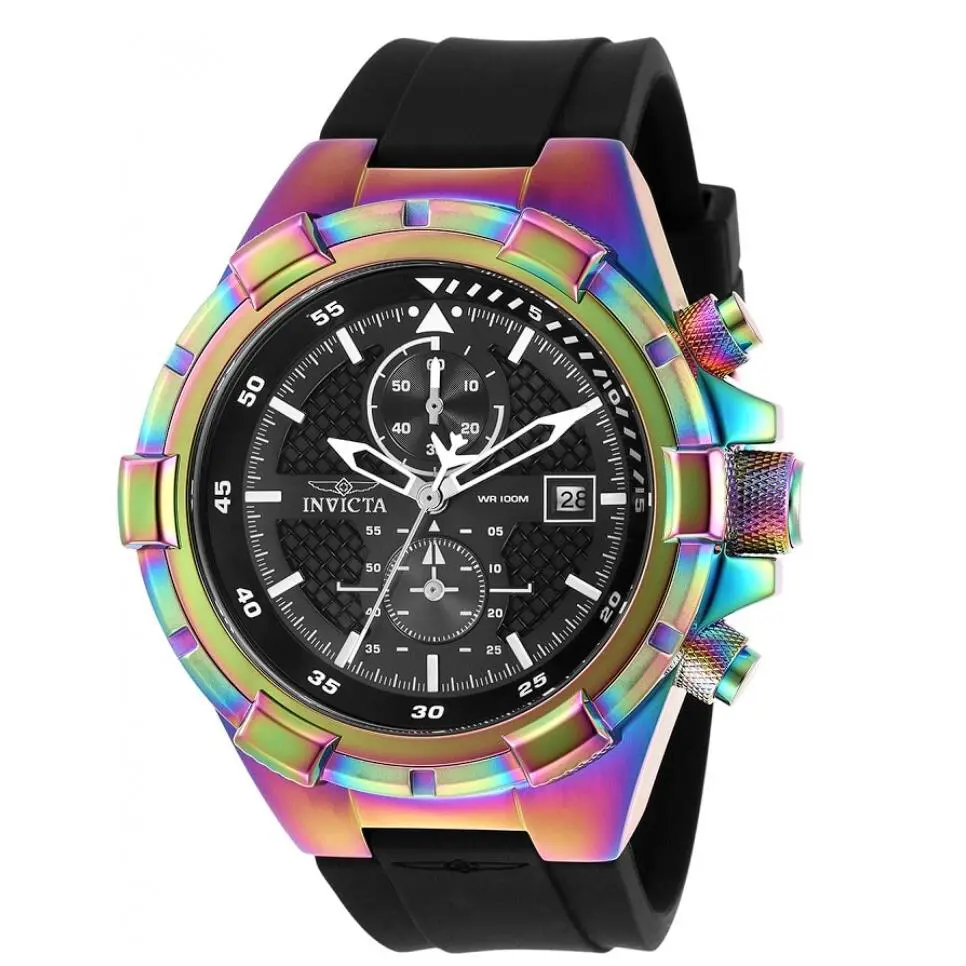 Invicta Aviator Men`s 51mm Rainbow Iridescent Silicone Chronograph Watch 28104 - Dial: Black, White, Band: Black, Bezel: Blue, Green, Multicolor, Purple