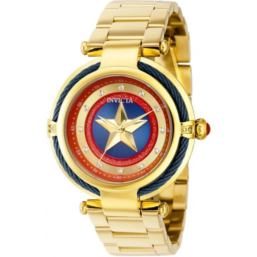Invicta Marvel Captain America Women`s 40mm Limited Edition Crystals Watch 36952 - Dial: Blue, Gold, Red, Band: Gold, Bezel: Blue, Gold