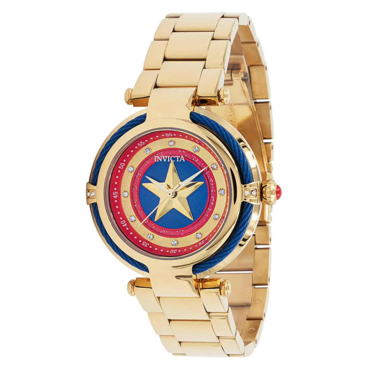 Invicta Marvel Captain America Women`s 40mm Limited Edition Crystals Watch 36952 - Dial: Blue, Gold, Multicolor, Red, Band: Gold, Yellow, Bezel: Blue, Gold