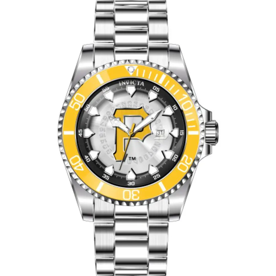 Invicta Mlb Pittsburgh Pirates Quartz Men`s Watch 43475 - Dial: Yellow and Silver and White and Black, Band: Silver-tone, Bezel: Silver-tone