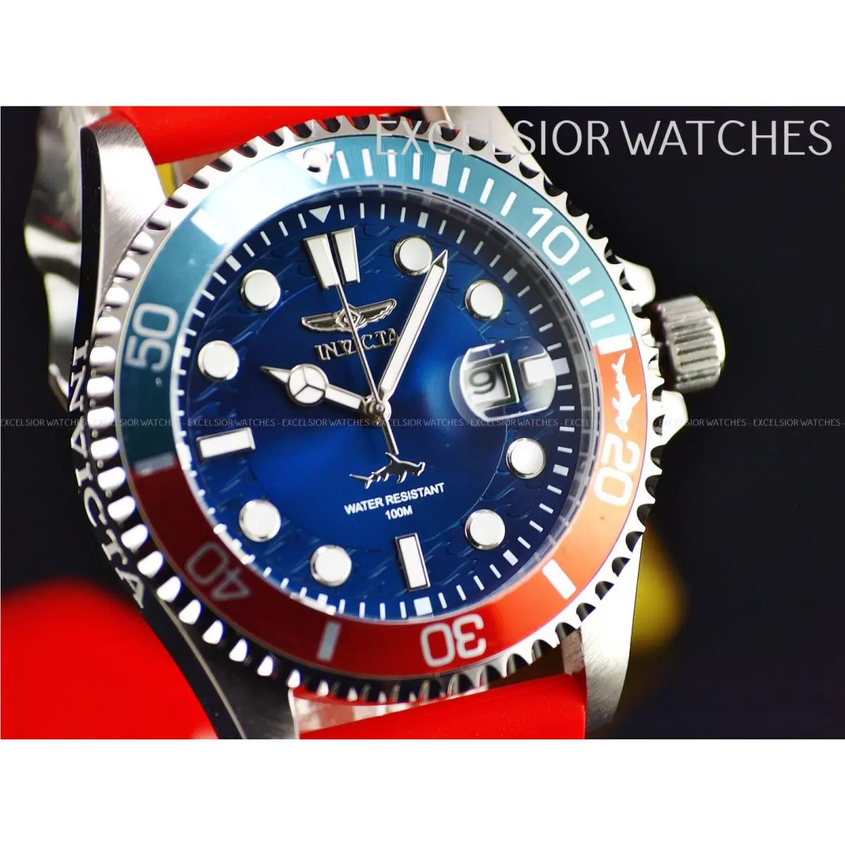 Invicta Men`s 43mm Pro Diver Hammerhead Red Blue Bezel Silver Tone SS Watch