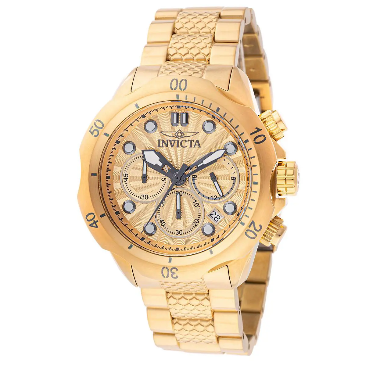 Invicta Venom Chronograph Dial 46mm Stainless Steel Gold Men`s Watch - Dial: Gold, Band: Gold, Bezel: Gold
