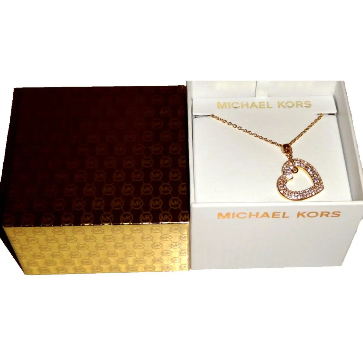 Michael Kors Long Yellow Gold Necklace Crystals Pave Heart MKJ6381710 + MK Box