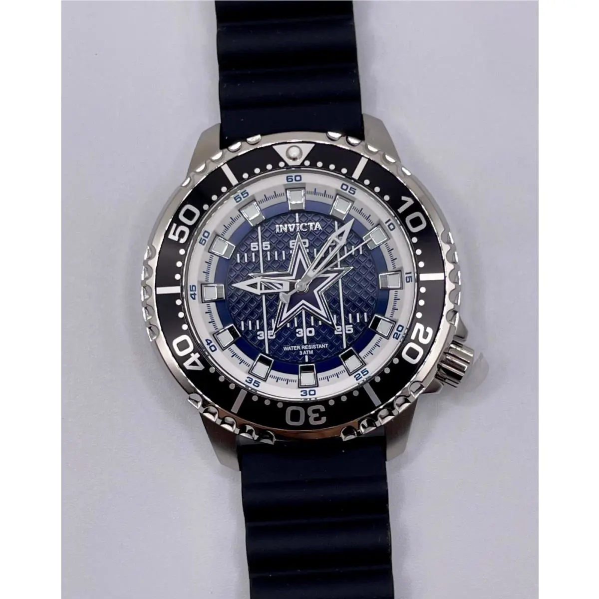 Invicta Men`s Watch Nfl Dallas Cowboys Blue Dial Black Silicone Strap 48099
