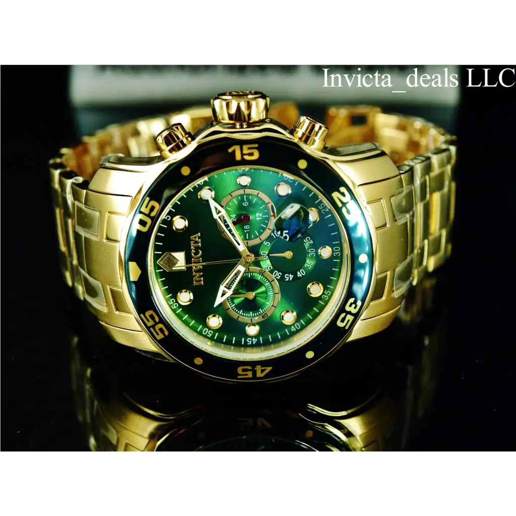 Invicta Men`s 48mm Pro Diver Scuba Chronograph Green Dial Gold Tone 200M Watch