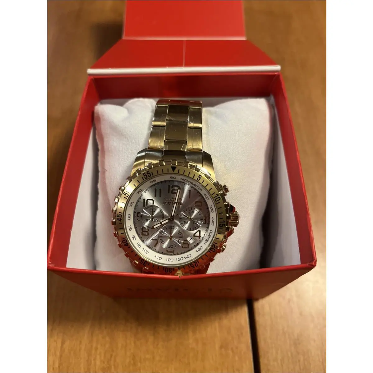 Invicta Men`s Watch Specialty Chrono Yellow Gold Bracelet Silver Tone Dial 11369