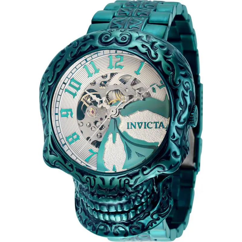 Invicta Men`s 51mm Artist Skull Case Automatic Skeletonized Green Tone SS Watch