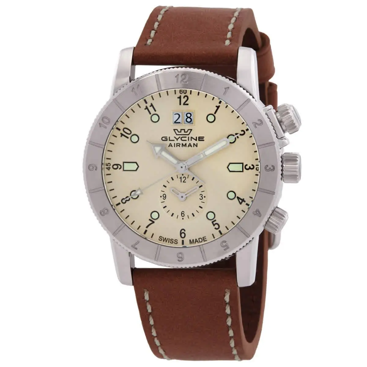 Glycine Airman Gmt White Dial Men`s Leather Watch GL0149
