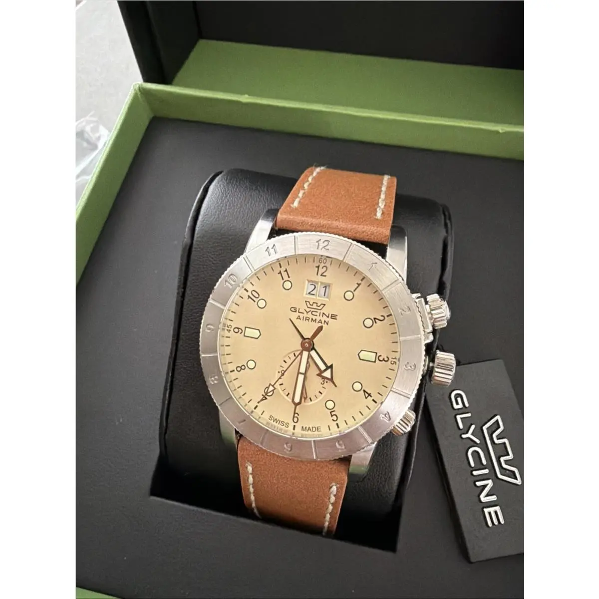 Airman Gmt Dual Time 42mm Swiss Quartz Champagne Dial Watch by Glycine