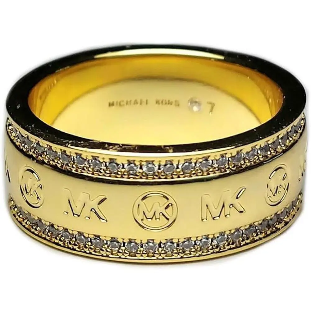 Michael Kors Gold-tone MK Logo Ring Band Pave Crystal Accents Womens Size 6