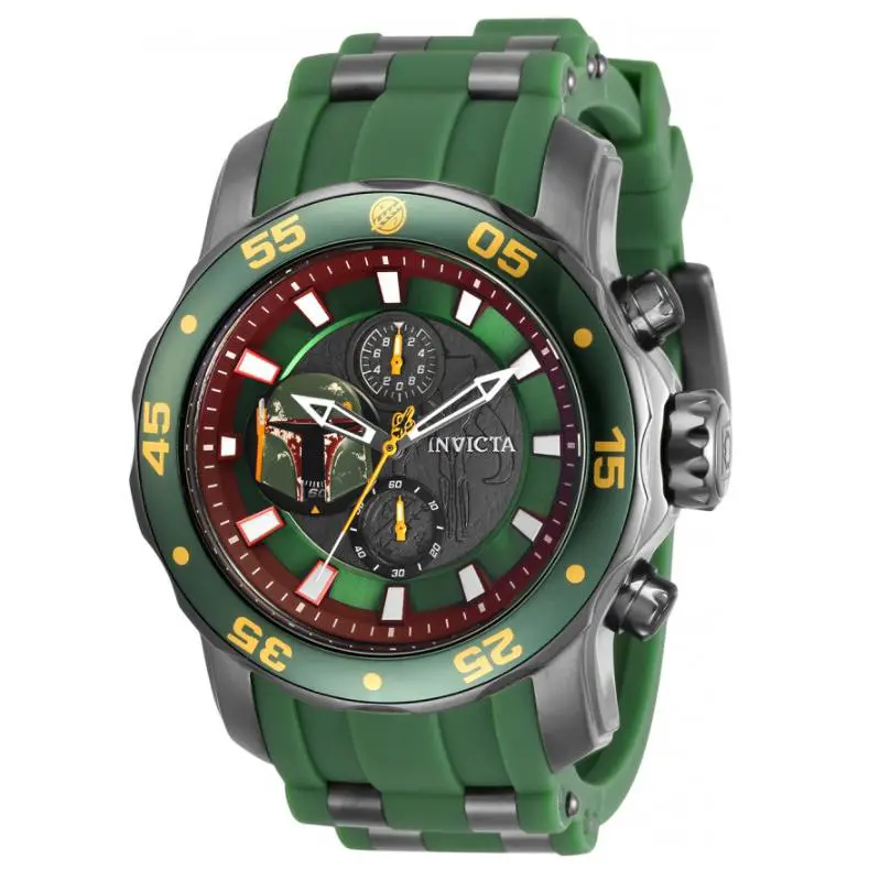 Invicta Men`s 48mm Star Wars Boba Fett Chrono Silicone Band Watch 32527 - Dial: Multicolor, Green, Band: Green, Bezel: Green