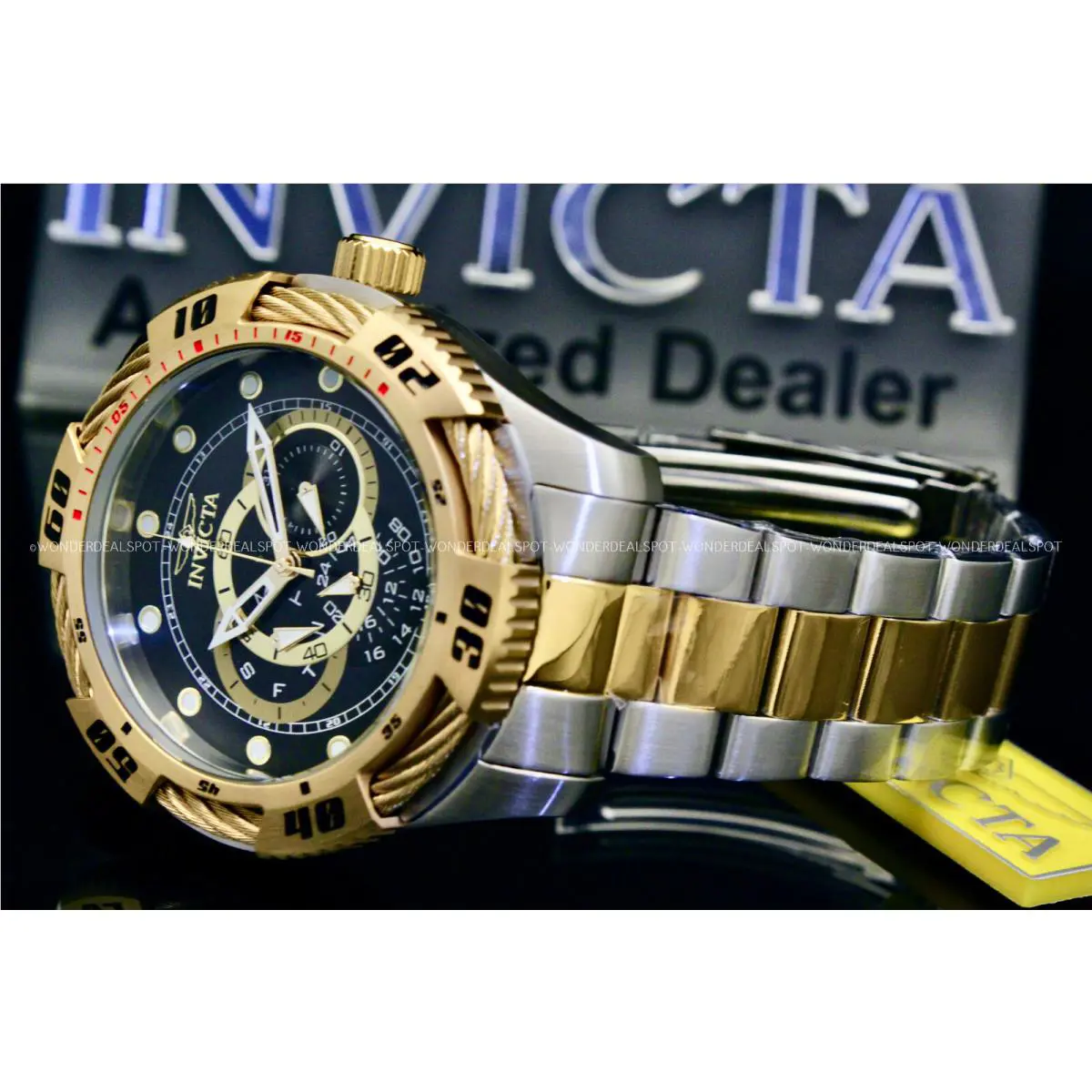 Invicta Speedway 50MM Black Dial 18K Gold Plated Chrono Two Tone S.s Watch