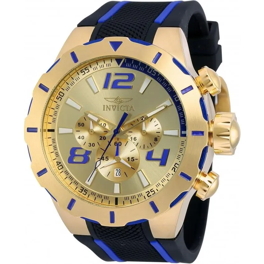Invicta 20107 Men`s 52mm S1 Rally Turbo Chronograph Gold Dial Case Poly Watch - Dial: Gold, Band: Black, Blue, Bezel: Gold