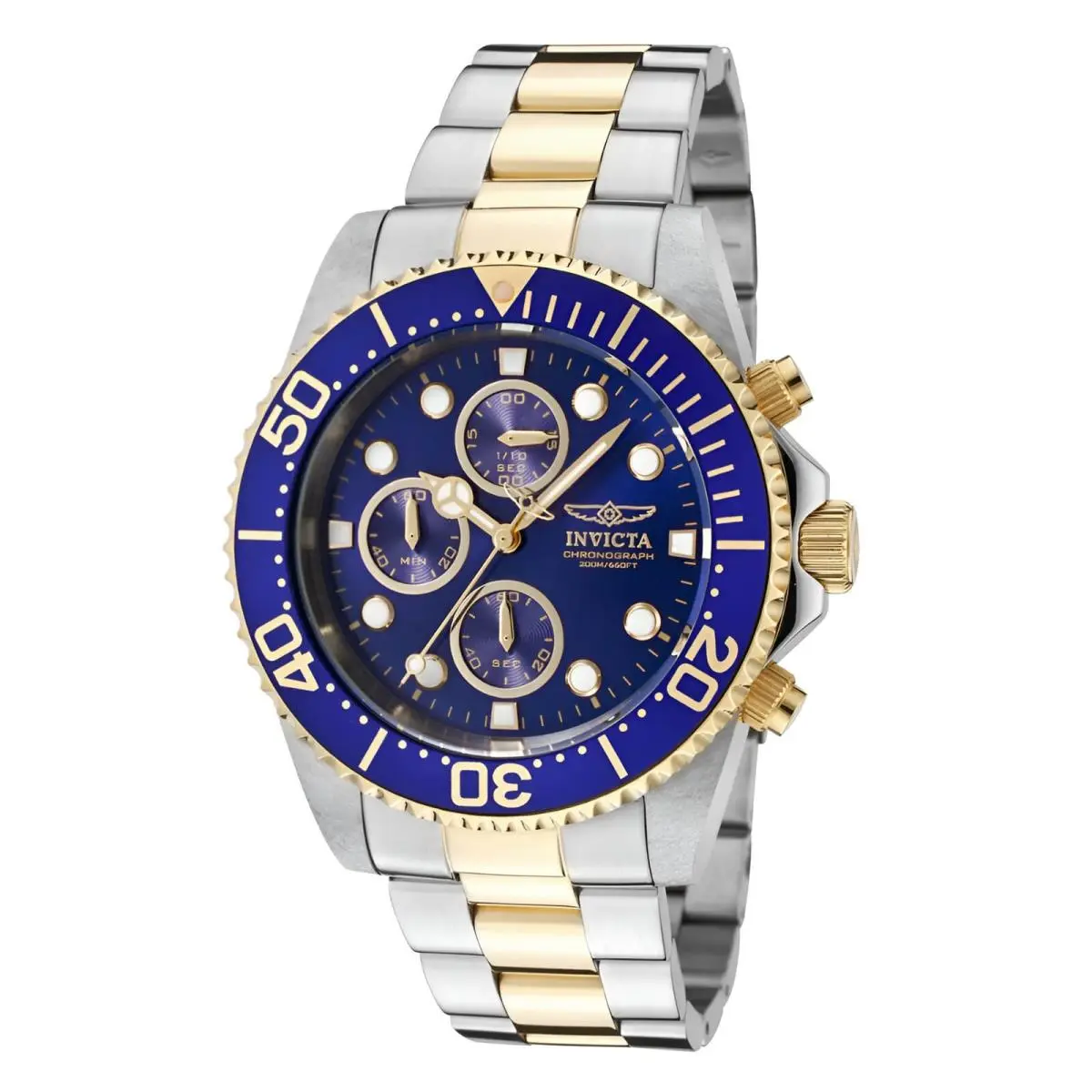 Invicta Men`s Watch Pro Diver Quartz Chrono Blue Dial Two Tone Bracelet 1773