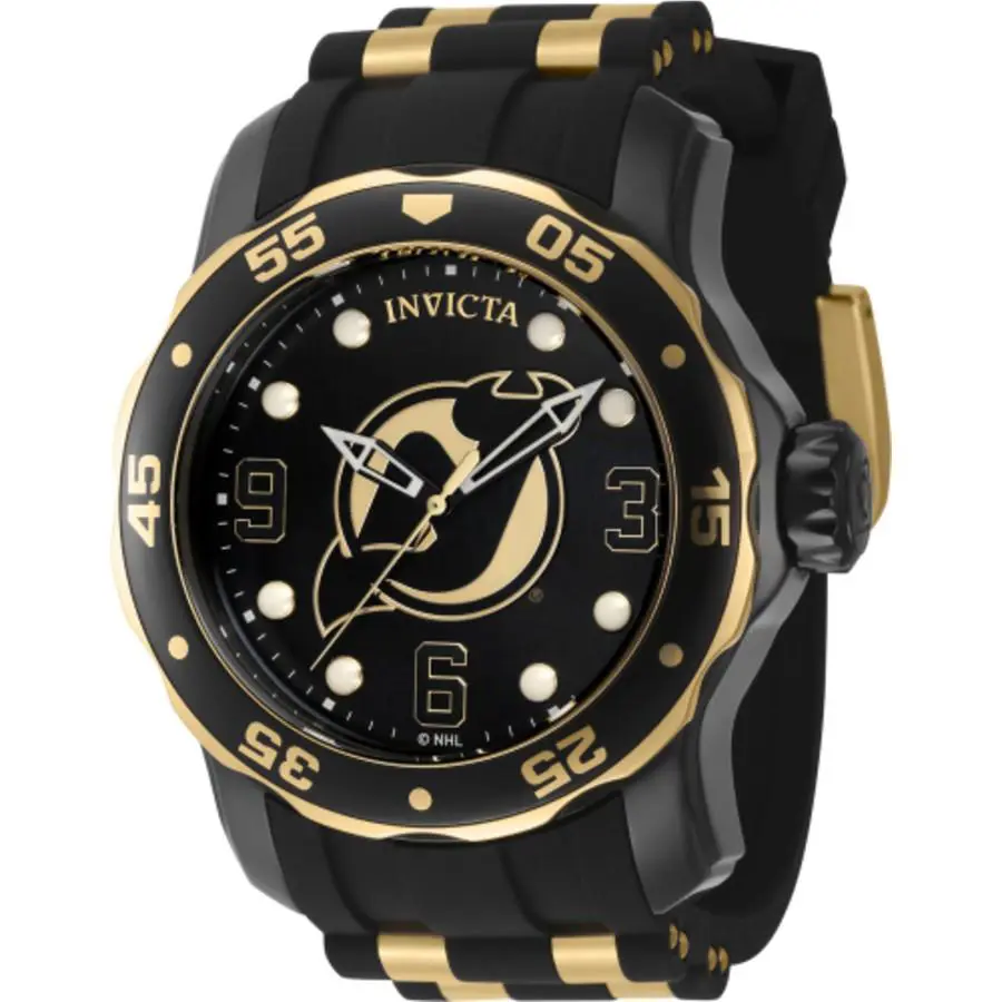 Invicta Nhl Jersey Devils Quartz Black Dial Men`s Watch 42310 - Dial: Black, Band: Two-tone (Black and Gold-tone), Bezel: Black