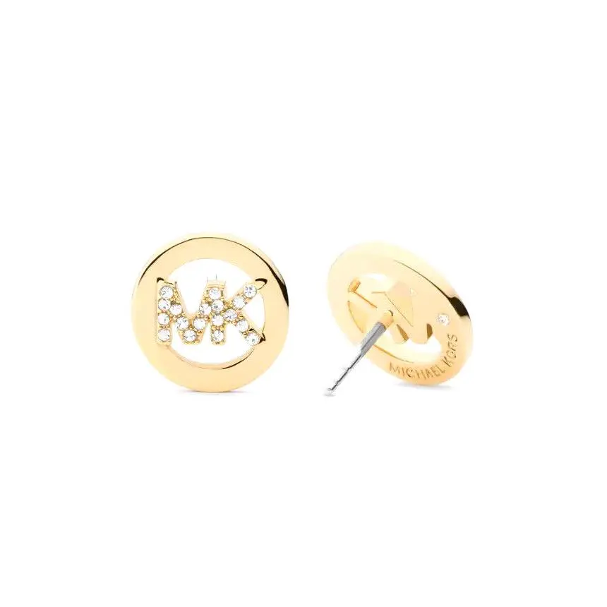 Michael Kors Gold Tone Pave Crystal MK Logo Stud Earrings MKJ7629