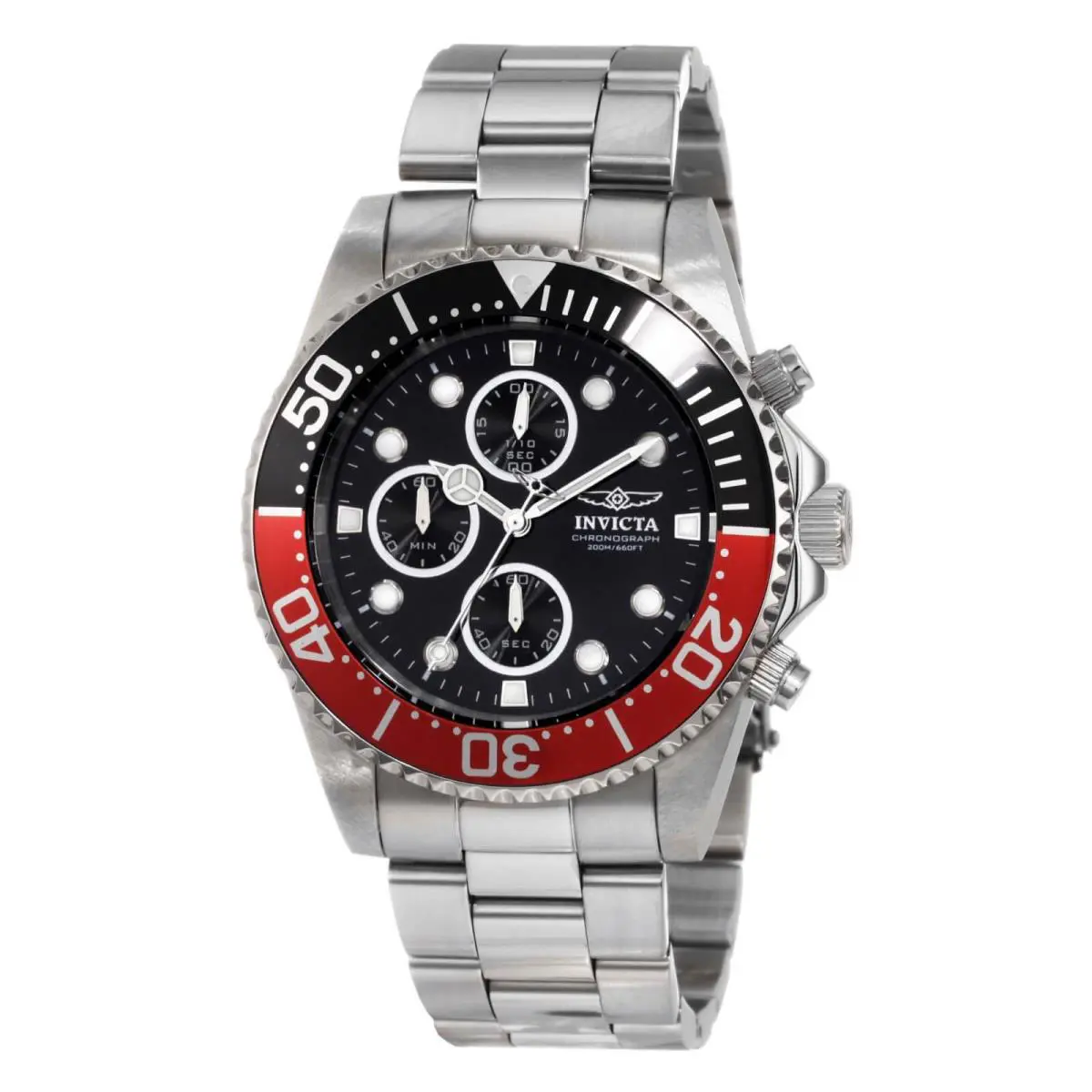 Invicta Men`s Pro Diver Watch Stainless Steel Black Dial Chronograph Quartz 1770 - Face: Black, Dial: Black, Band: Silver