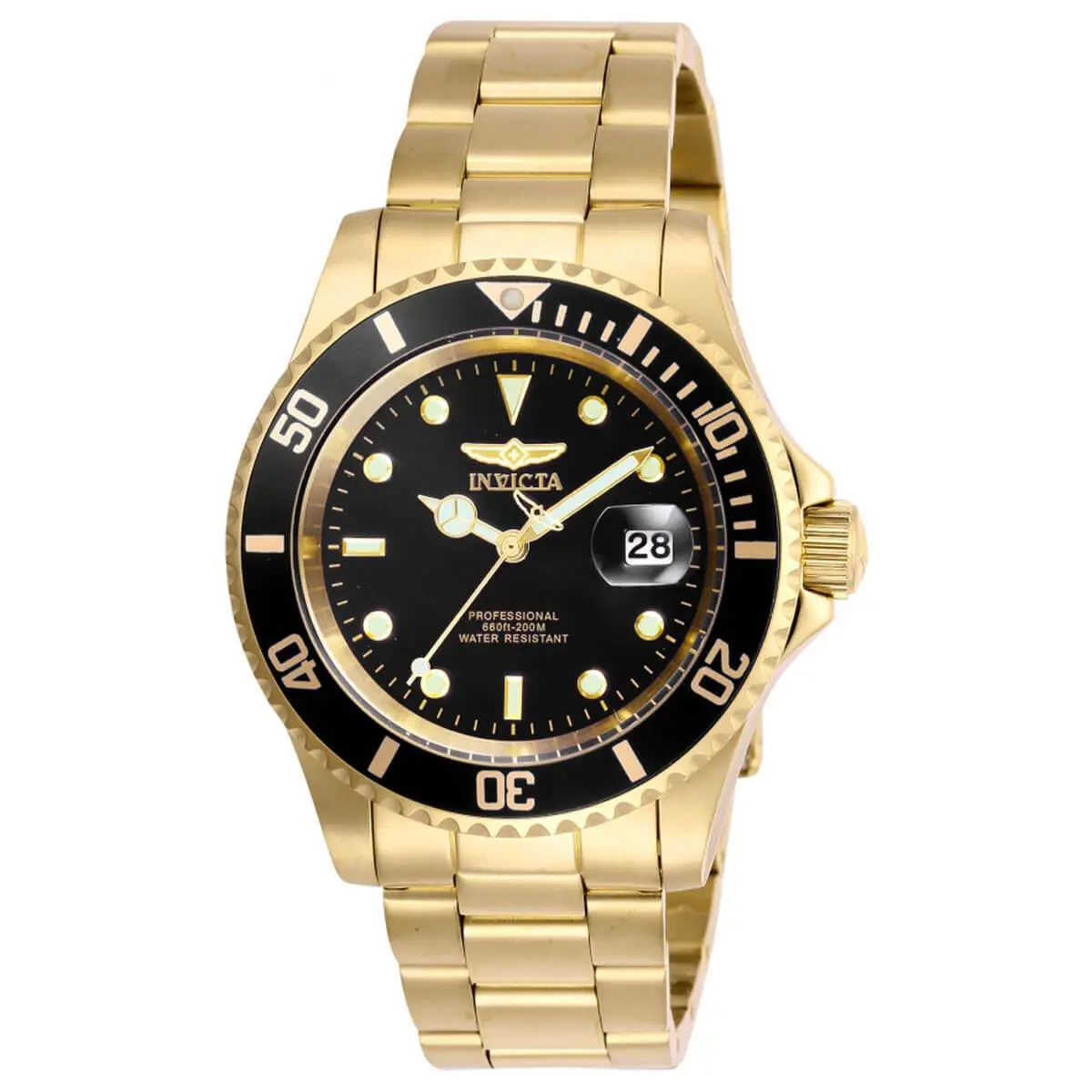 Invicta Men`s Watch Pro Diver Quartz Black Dial Yellow Gold Steel Bracelet 26975