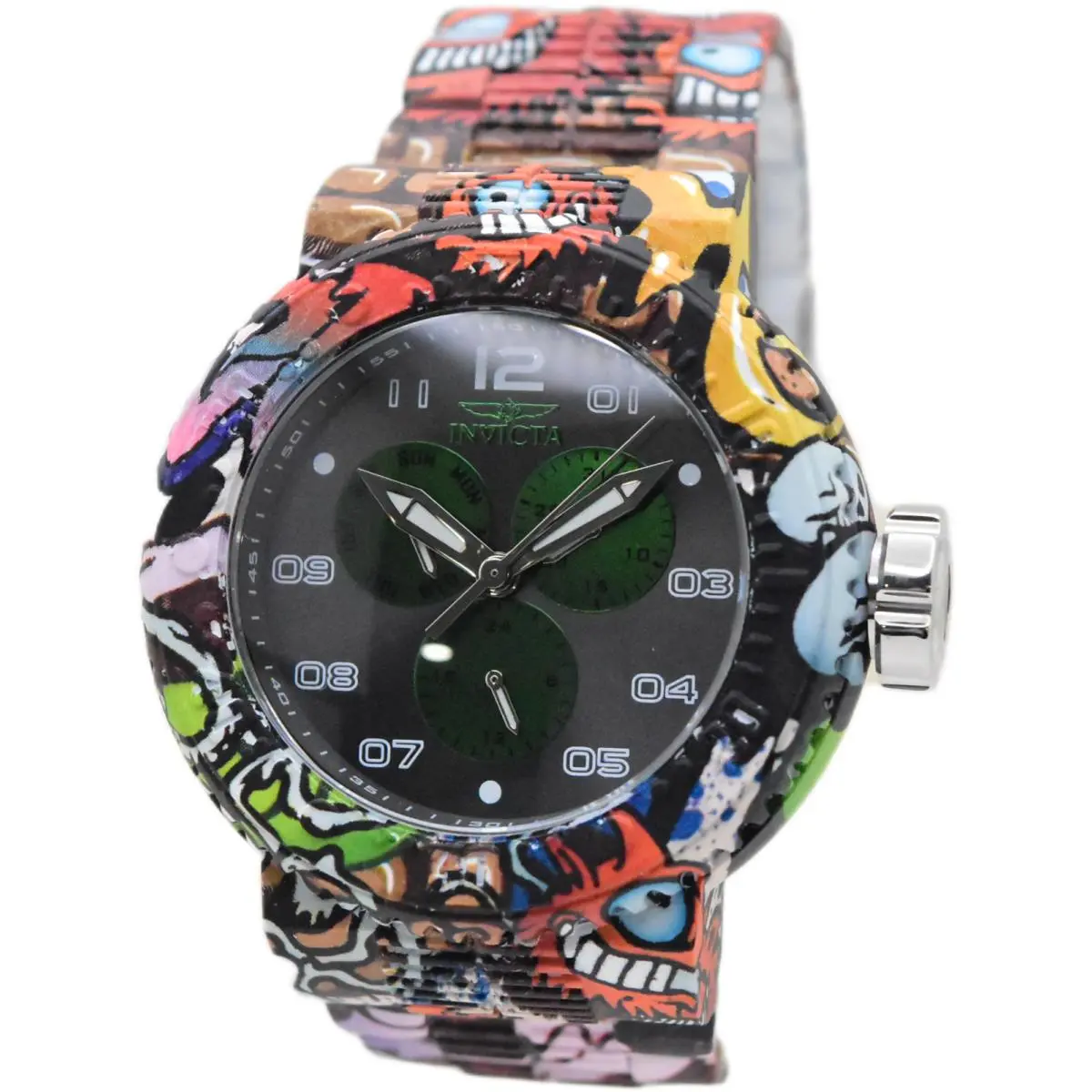 Invicta Pro Diver Exclusive Neoart Flux Little Monster 52mm Quartz Watch 50214 - Dial: Black, Green, Band: Black, Brown, Multicolor, Orange, Red, Yellow, Bezel: Black, Brown, Multicolor, Orange, Yellow