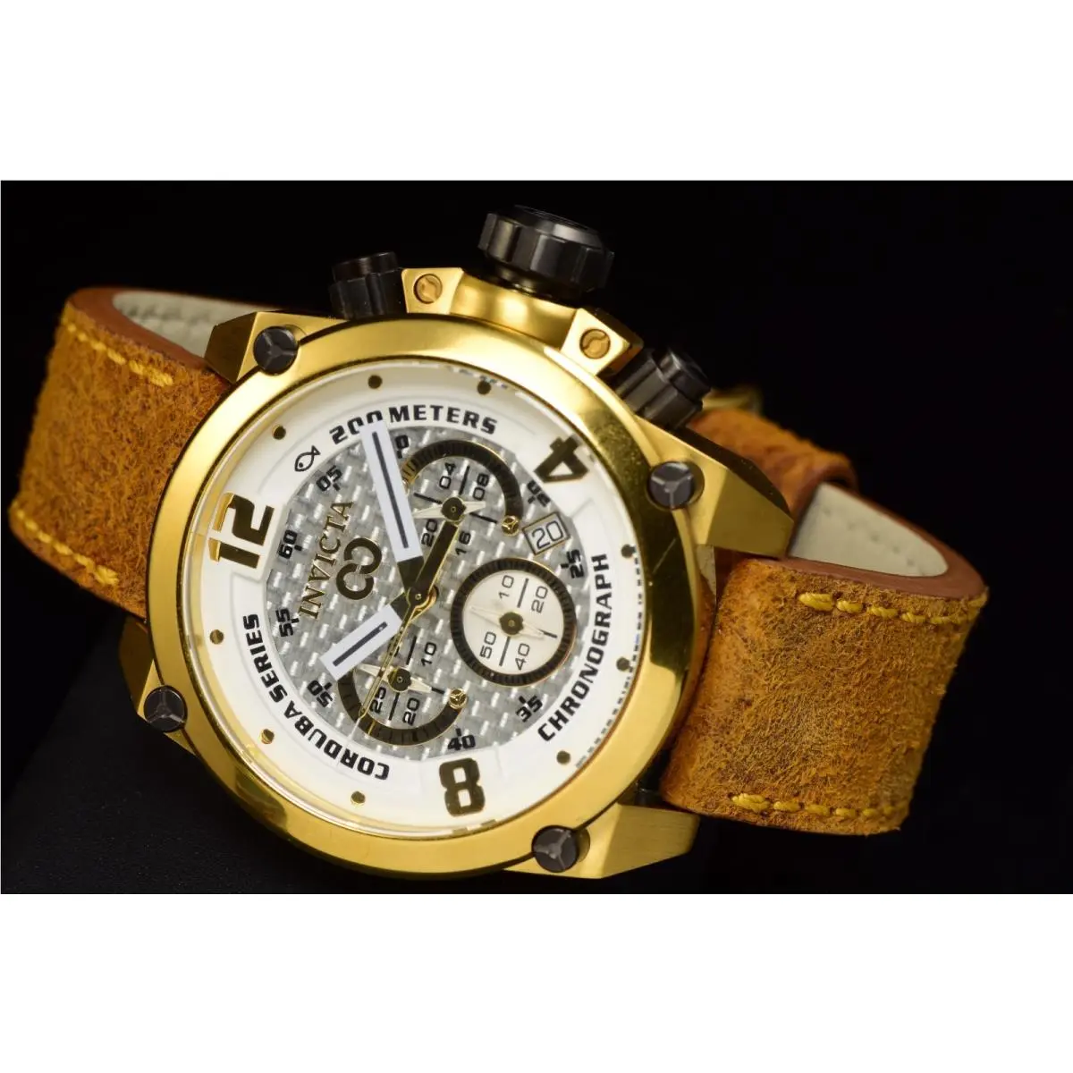 Invicta Corduba Chronograph White Dial Light Gold Plated Brown Leather Men Watch - Dial: Gold, White, Band: Brown, Bezel: Gold-plated Stainless Ste, Gold-plated