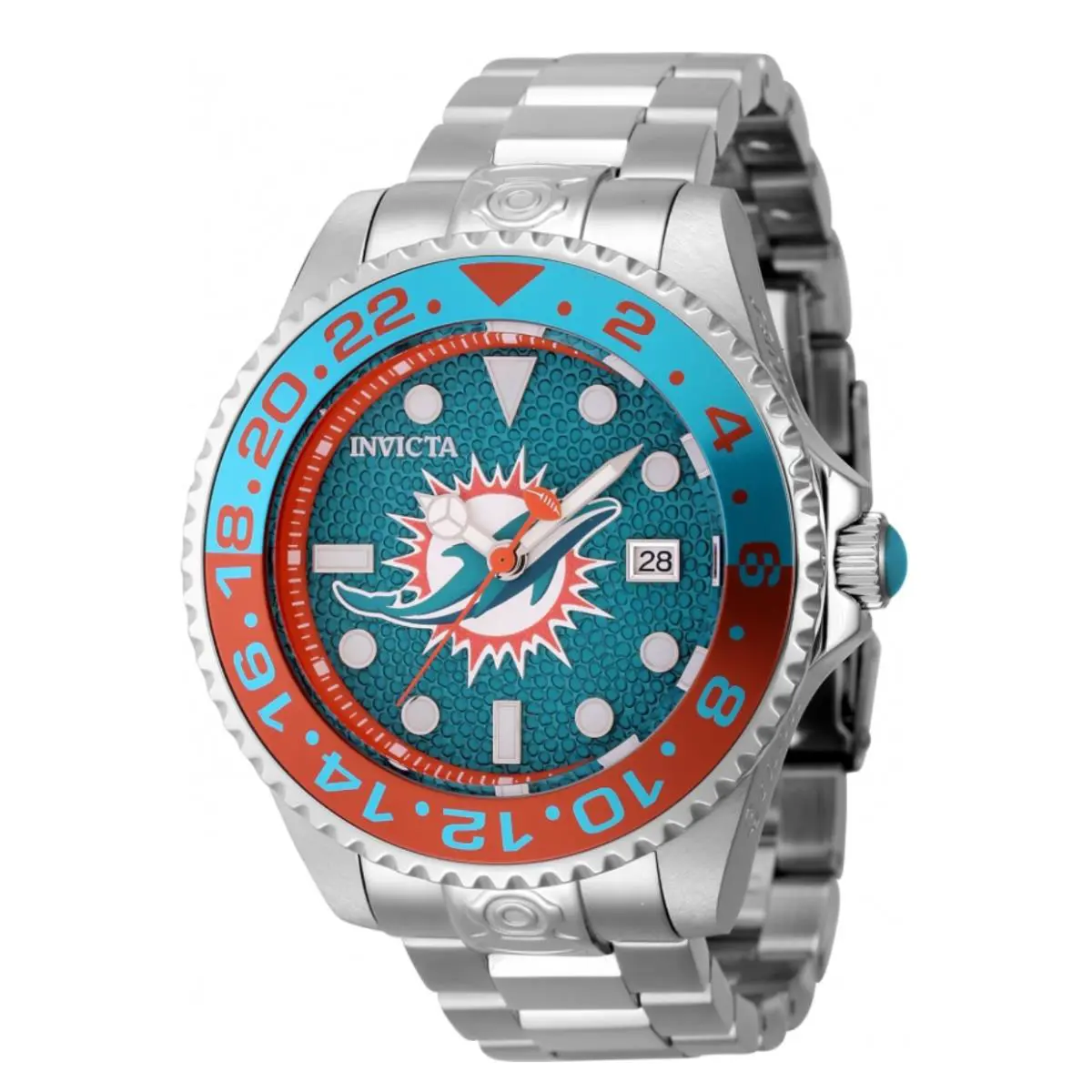 Invicta Nfl Miami Dolphins Men`s 47mm Grand Diver Automatic Watch 45029 - Dial: Green, Orange, Silver, White, Band: Silver, Bezel: Green, Orange, Silver