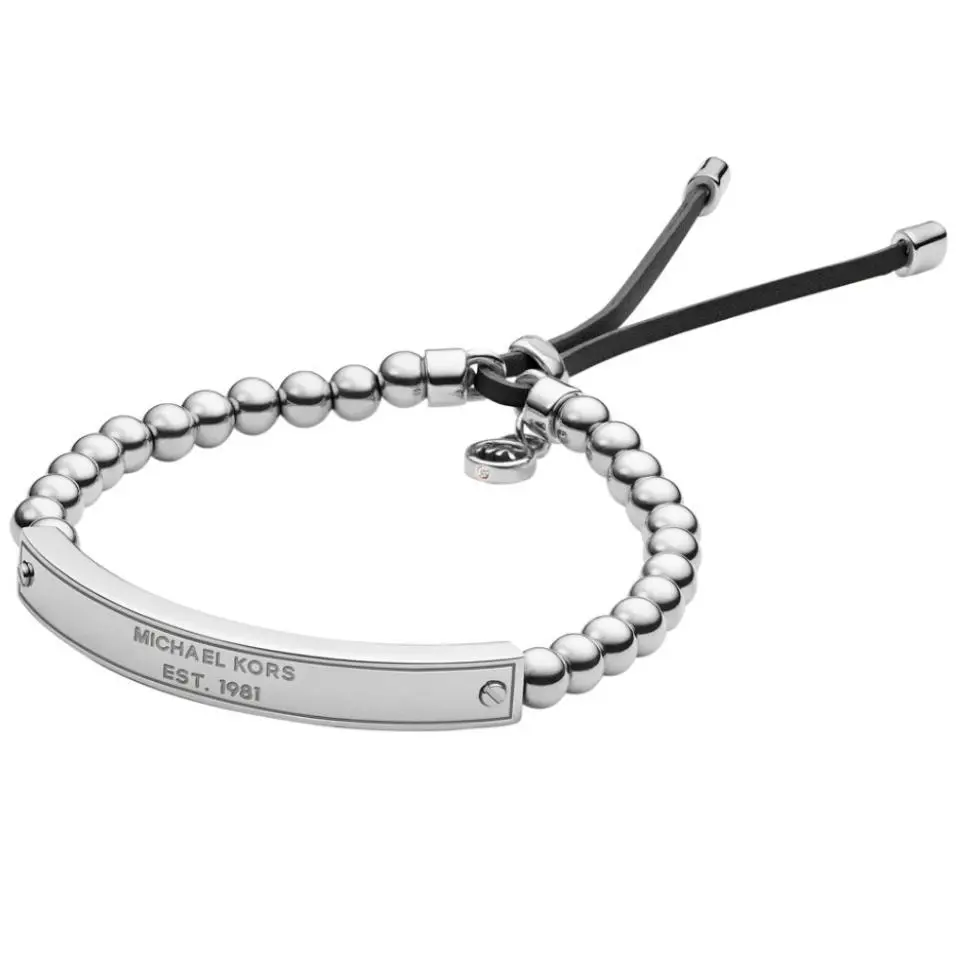 Michael Kors Silver MK Plaque Beaded Adjustable Bracelet Slider MKJ3344040 + Box