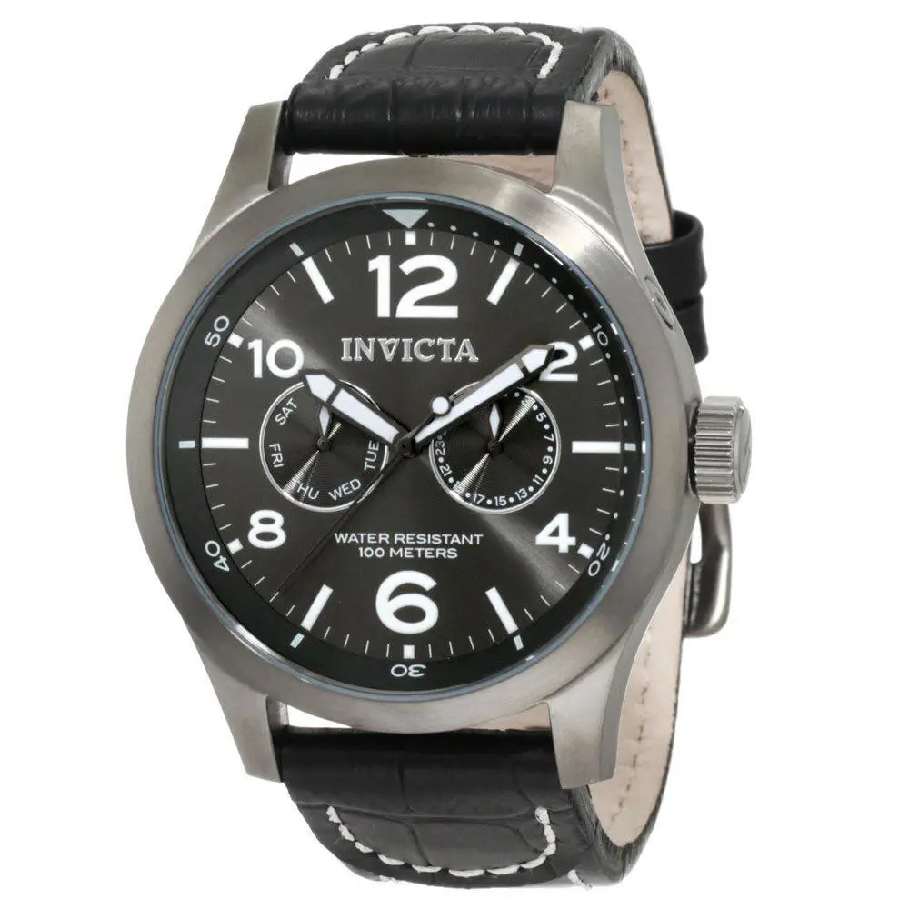 Invicta Specialty Military Grey Dial Black Leather Men`s Watch 10492 - Black / Grey / Gun Metal, Dial: Grey, Band: Black